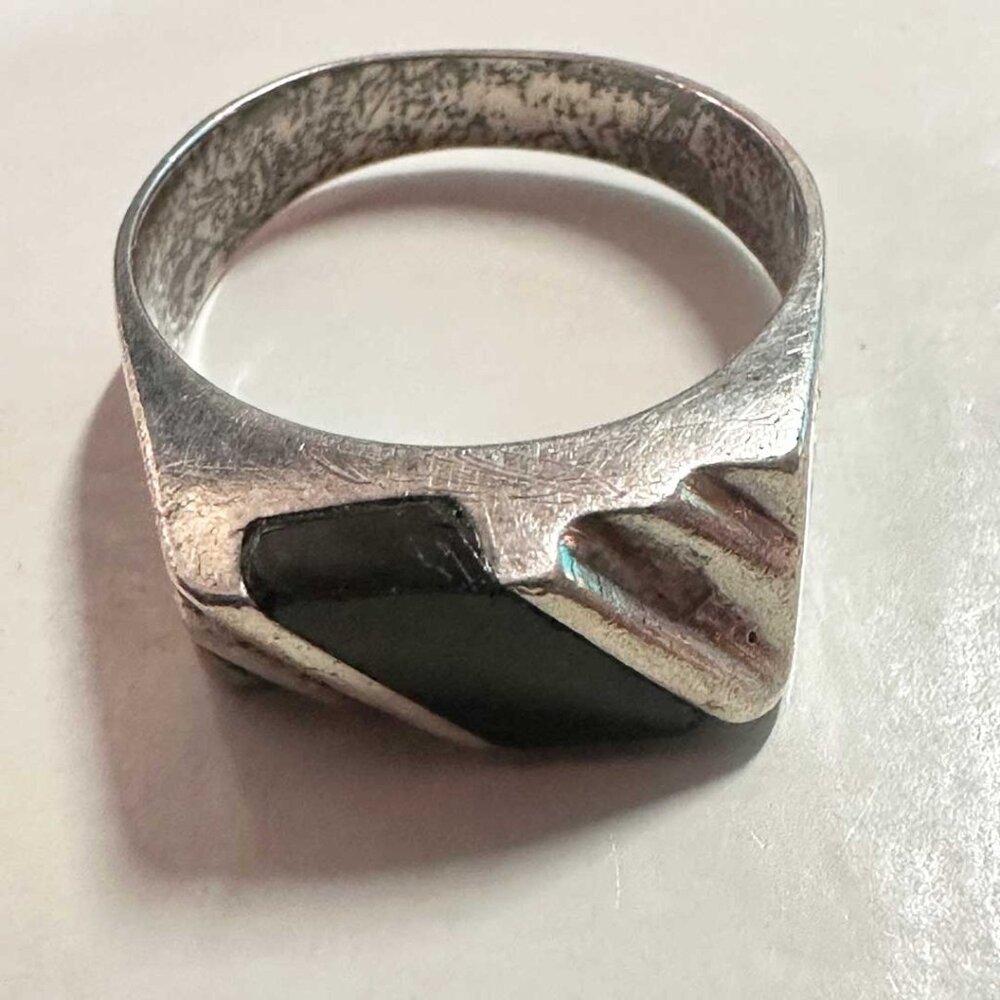 Vintage Taxco Mexico Sterling Silver Onyx Ring Size 9-10 Modernist Brutalist